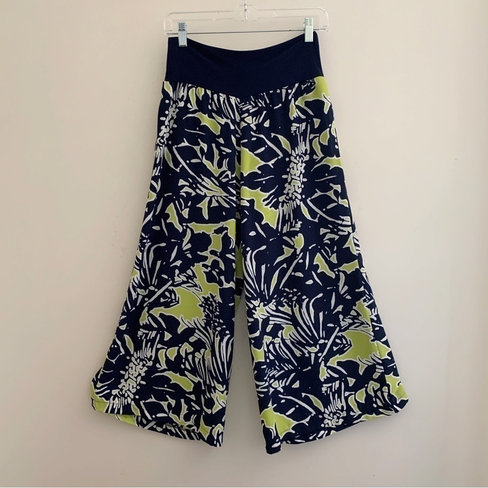 Clara Sunwoo Blue & Green Floral Cropped Wide Leg Gaucho Pants Small